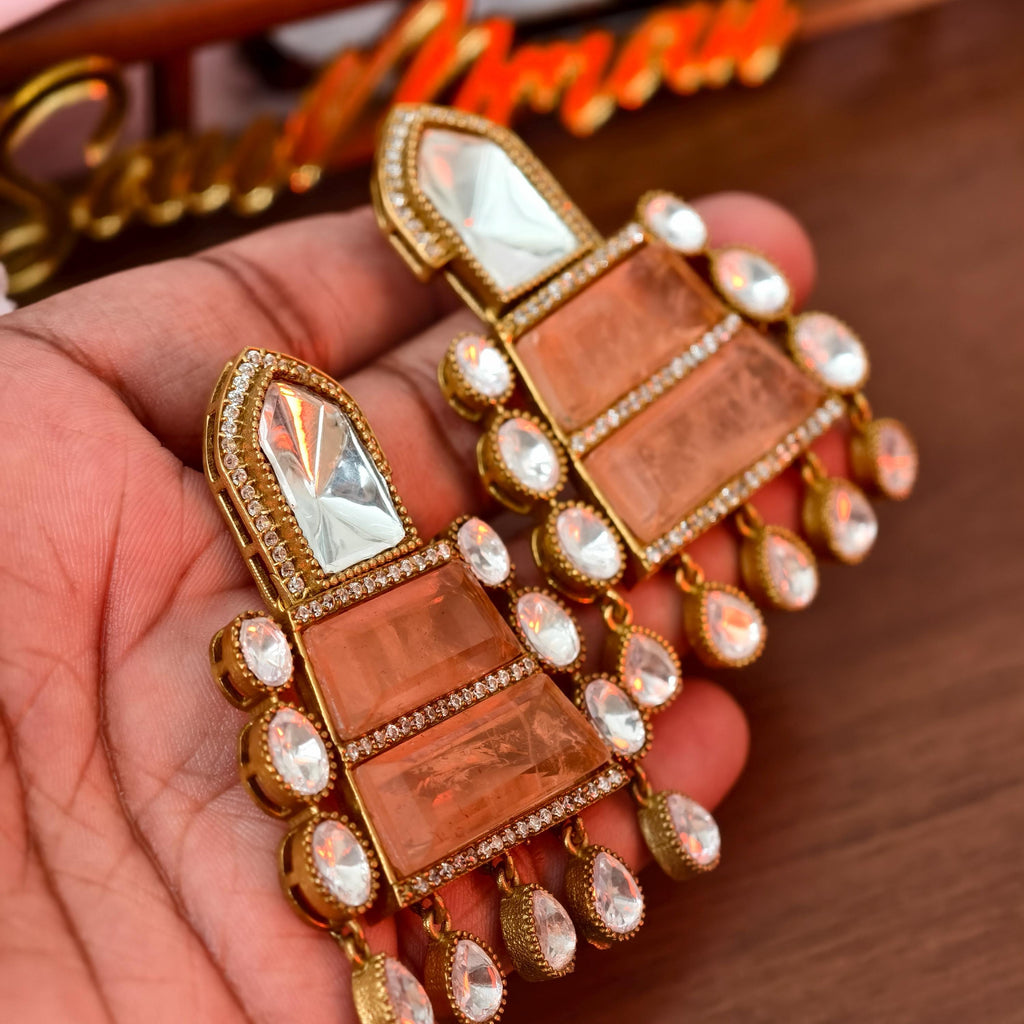 Sabyasachi Inspired Peach Stone Statement Earrings | Bollywood Style Kundan Drop Earrings | Indian Bridal Jewelry | Ethnic Wedding Jhumka