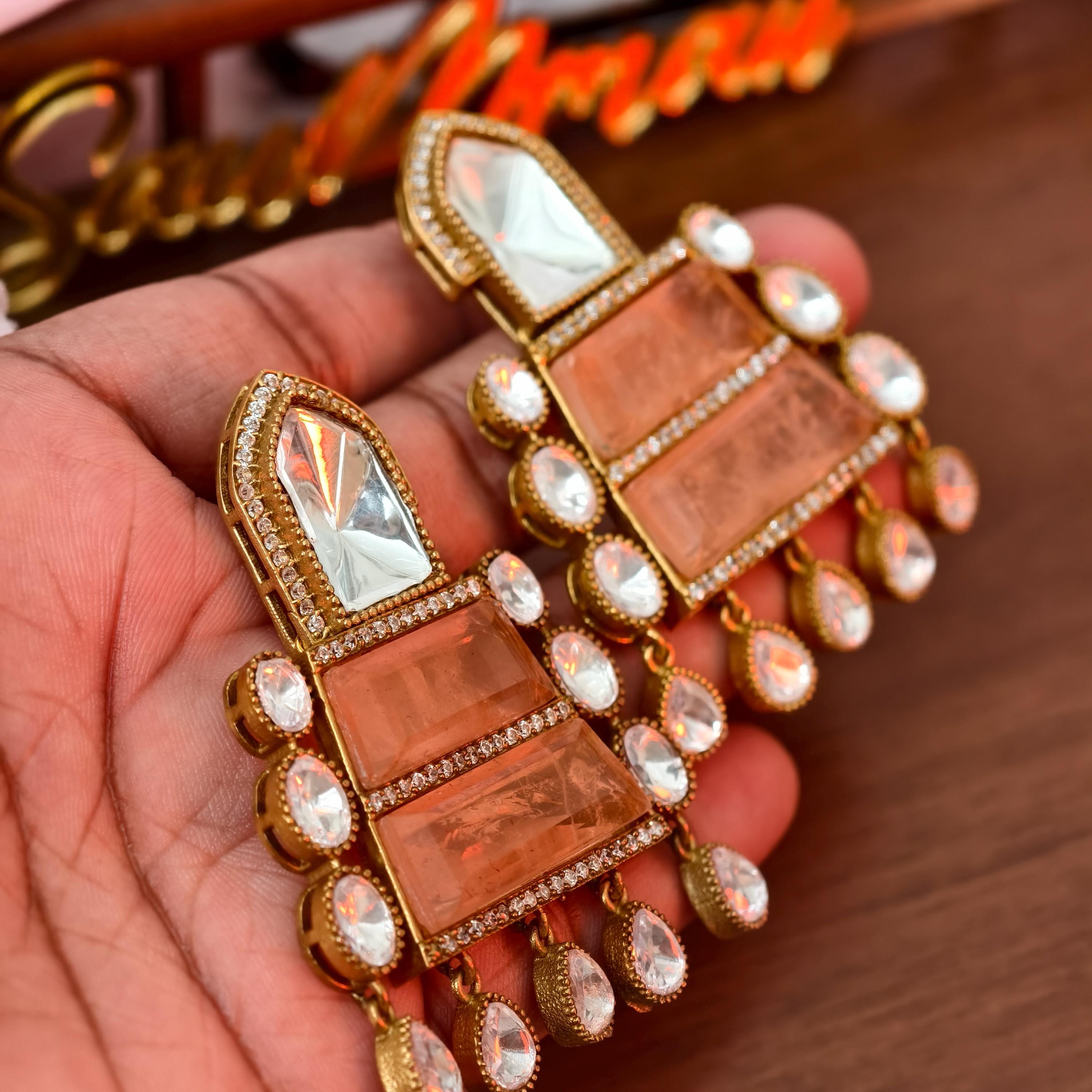 Sabyasachi Inspired Peach Stone Statement Earrings | Bollywood Style Kundan Drop Earrings | Indian Bridal Jewelry | Ethnic Wedding Jhumka