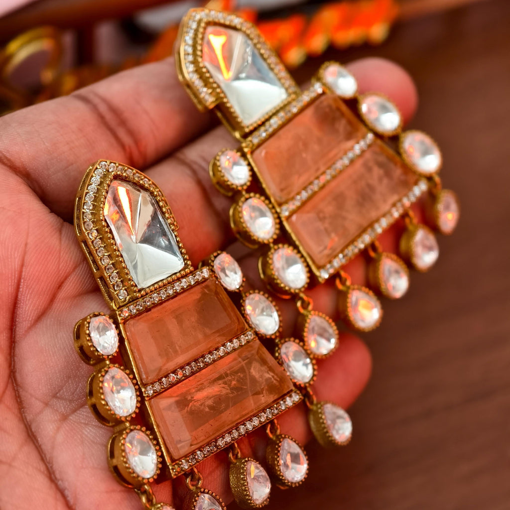 Sabyasachi Inspired Peach Stone Statement Earrings | Bollywood Style Kundan Drop Earrings | Indian Bridal Jewelry | Ethnic Wedding Jhumka
