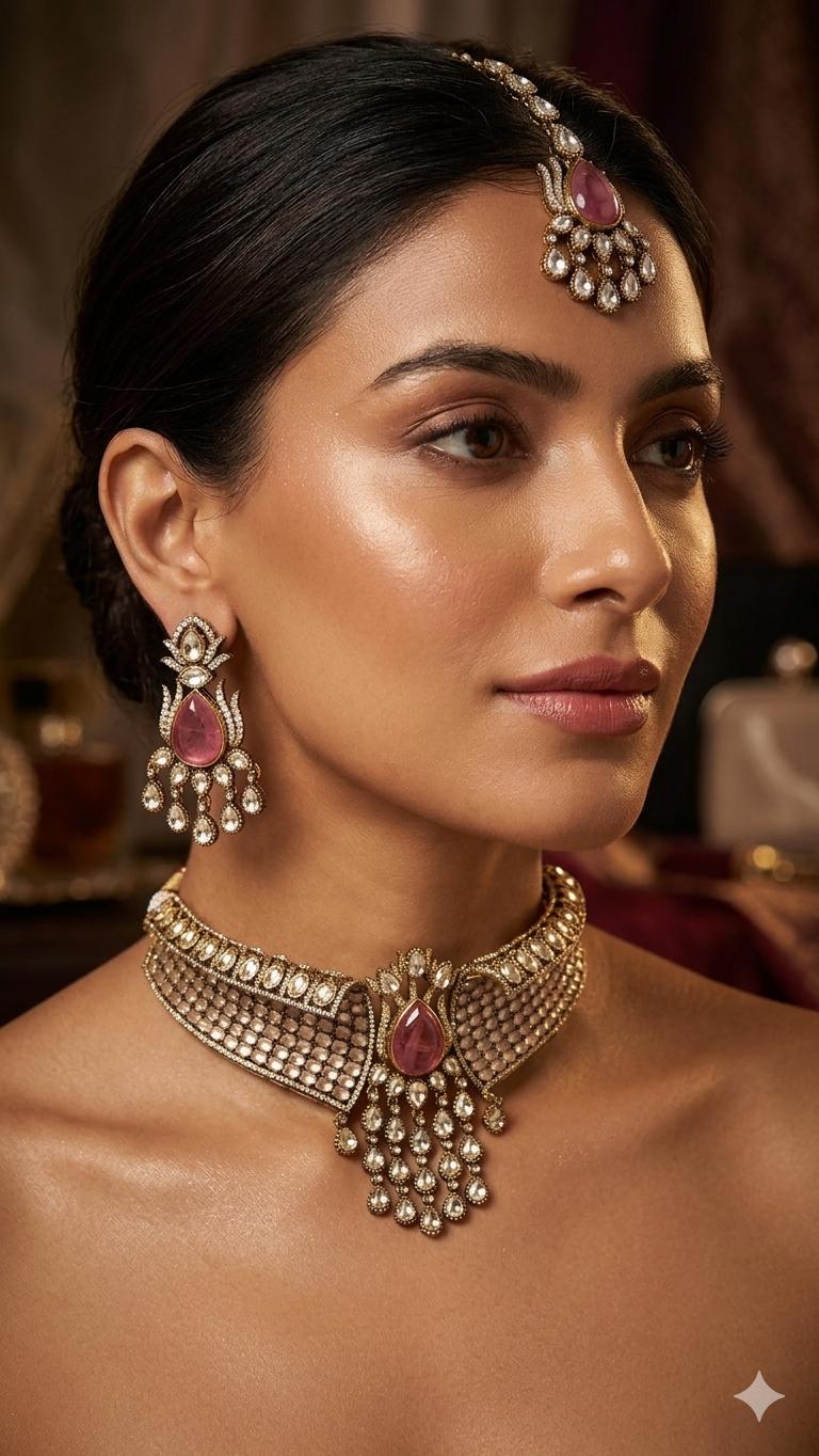 Designer Pink Kundan Necklace Set with Maang Tikka, Earrings | Bridal Choker | Polki Jewellery