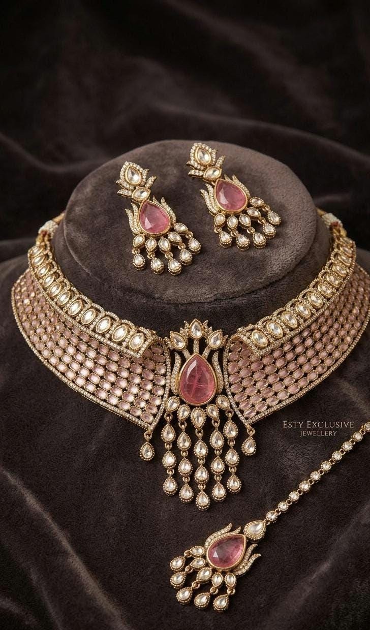 Designer Pink Kundan Necklace Set with Maang Tikka, Earrings | Bridal Choker | Polki Jewellery