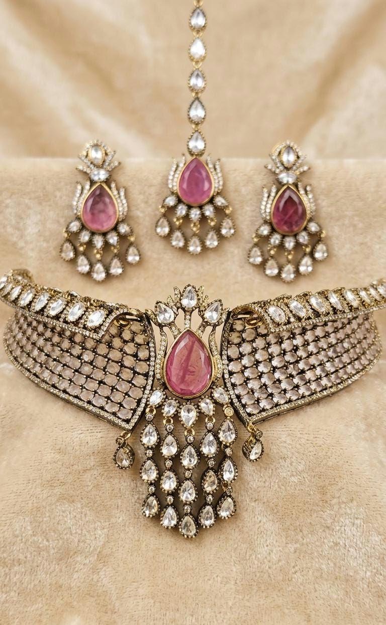 Designer Pink Kundan Necklace Set with Maang Tikka, Earrings | Bridal Choker | Polki Jewellery