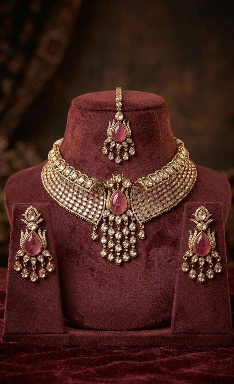Designer Pink Kundan Necklace Set with Maang Tikka, Earrings | Bridal Choker | Polki Jewellery