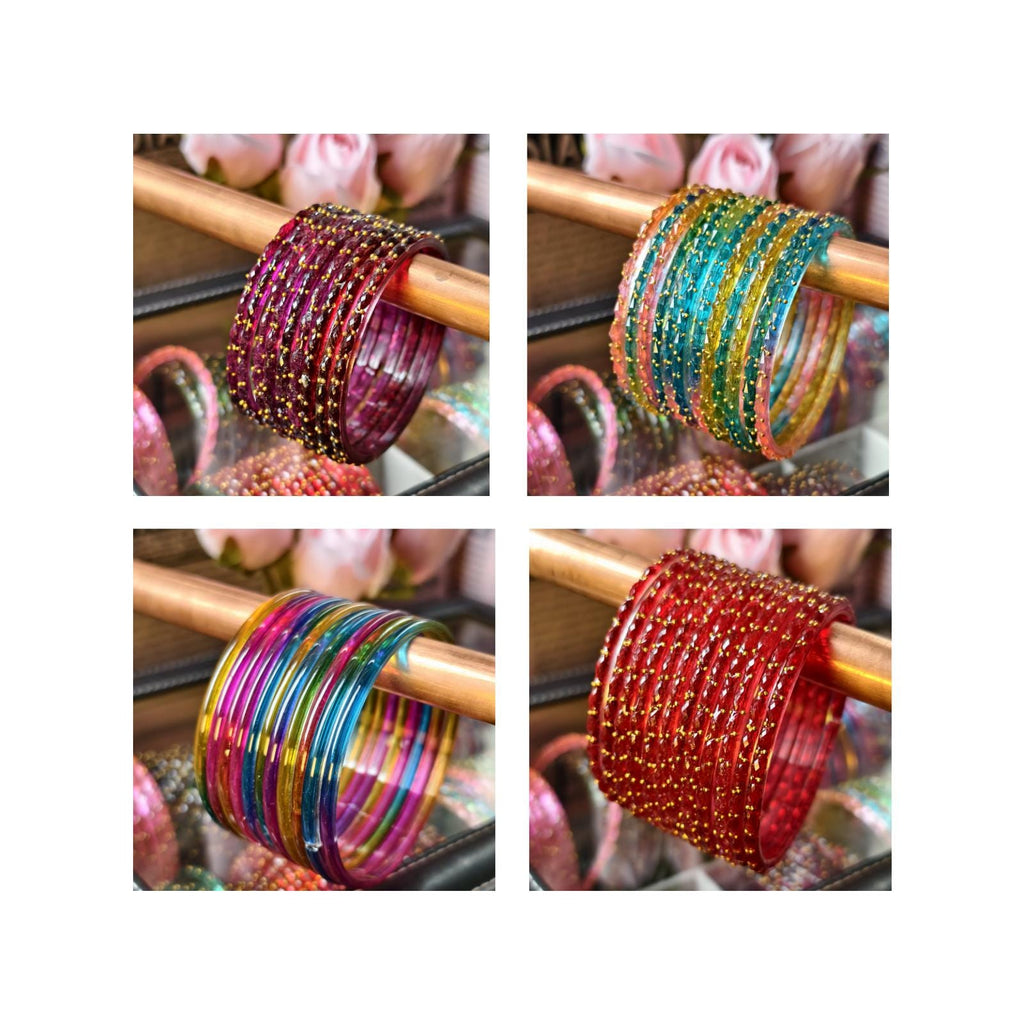 Kashmiri Ghungroo Bangles, Colorful Glass, Raindrop, Jelly Stackable Bracelets (Set of 10-12)