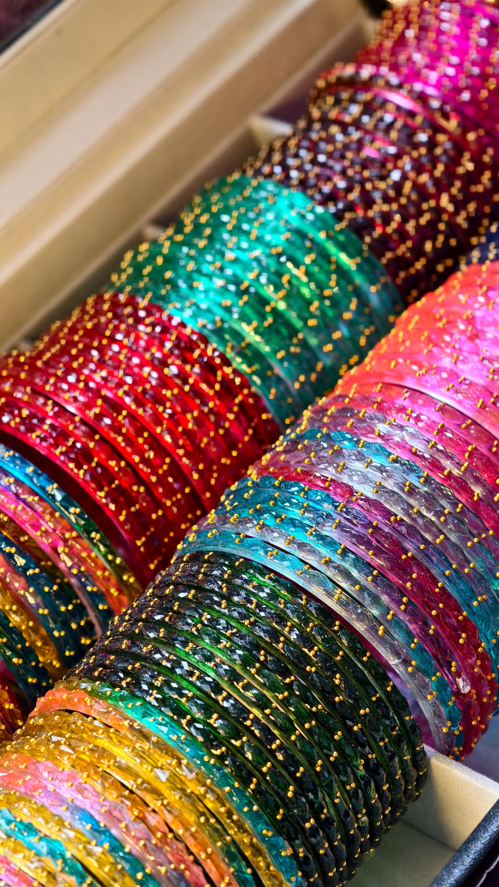 Kashmiri Ghungroo Bangles, Colorful Glass, Raindrop, Jelly Stackable Bracelets (Set of 10-12)