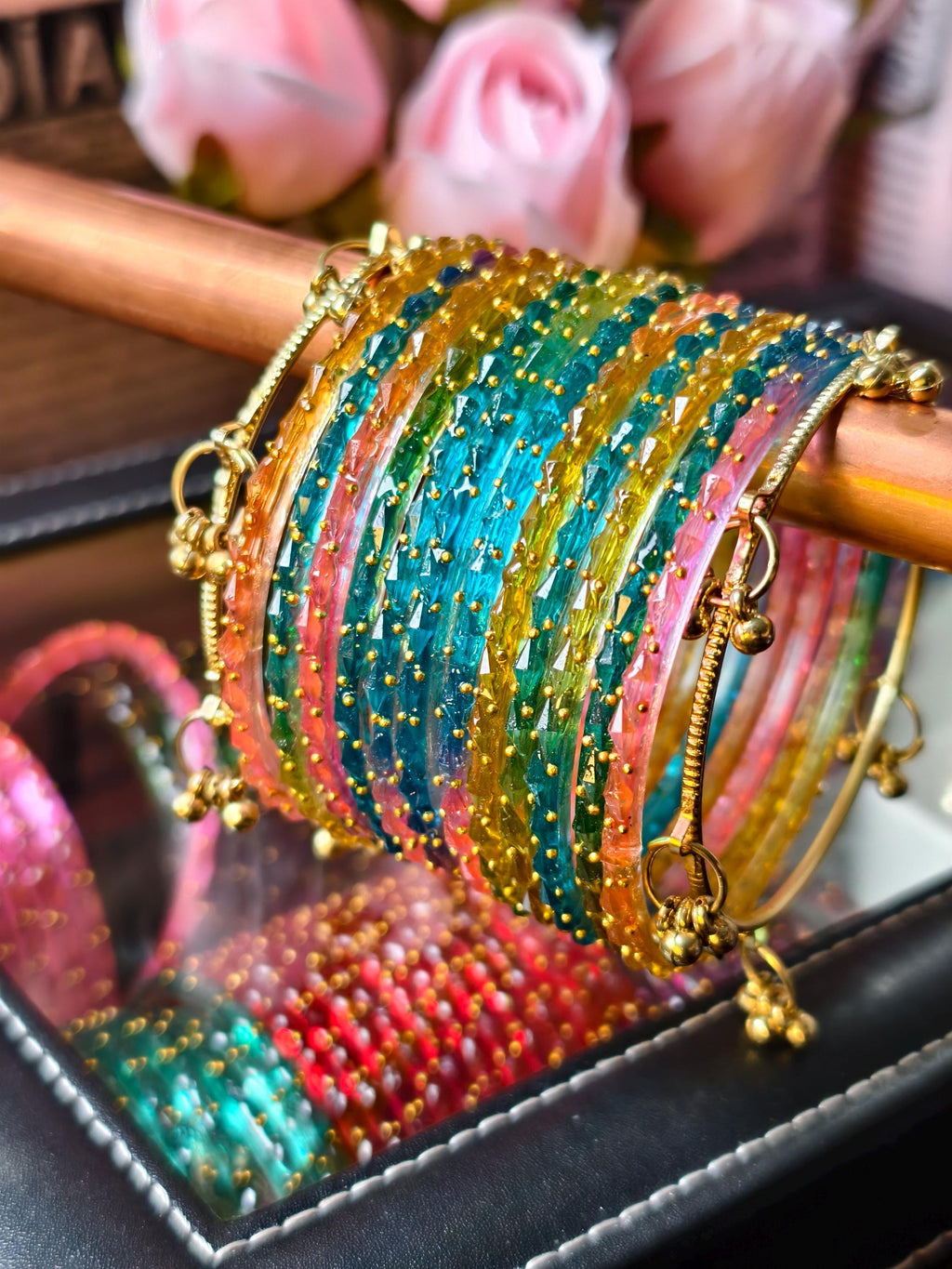 Kashmiri Ghungroo Bangles, Colorful Glass, Raindrop, Jelly Stackable Bracelets (Set of 10-12)