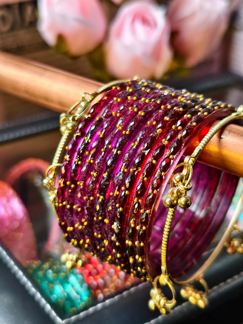 Kashmiri Ghungroo Bangles, Colorful Glass, Raindrop, Jelly Stackable Bracelets (Set of 10-12)