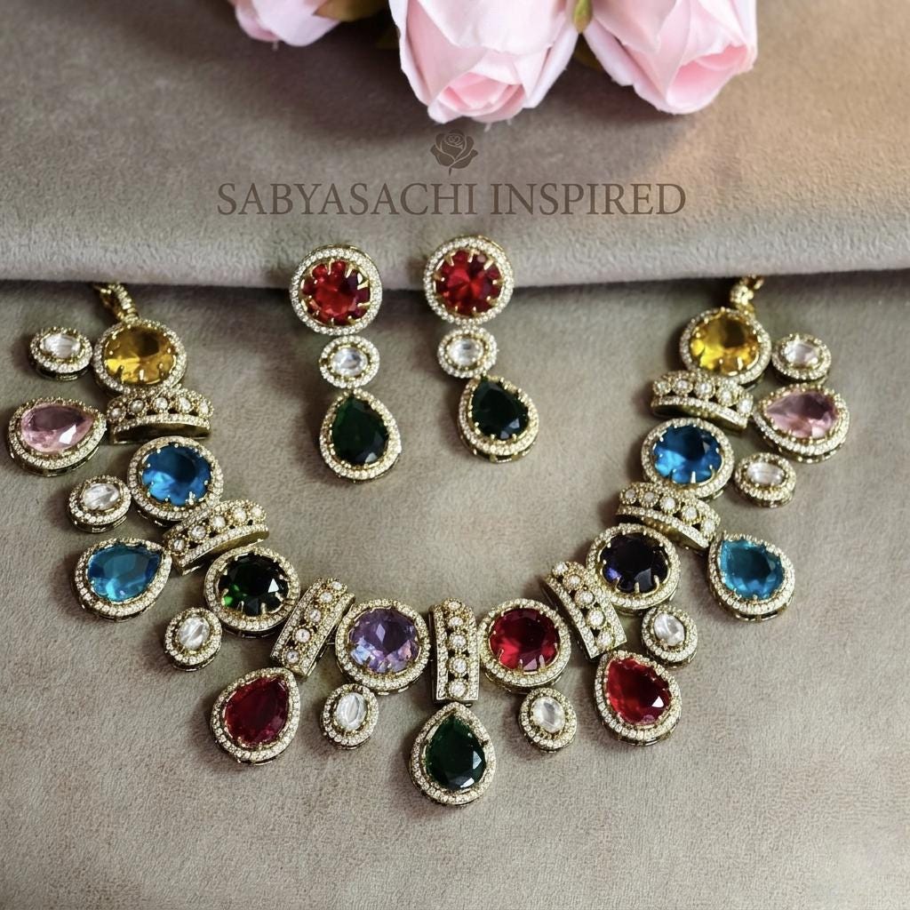 Sabyasachi Inspired Multi-Color Kundan Choker Necklace Set | Polki Bridal Jewelry