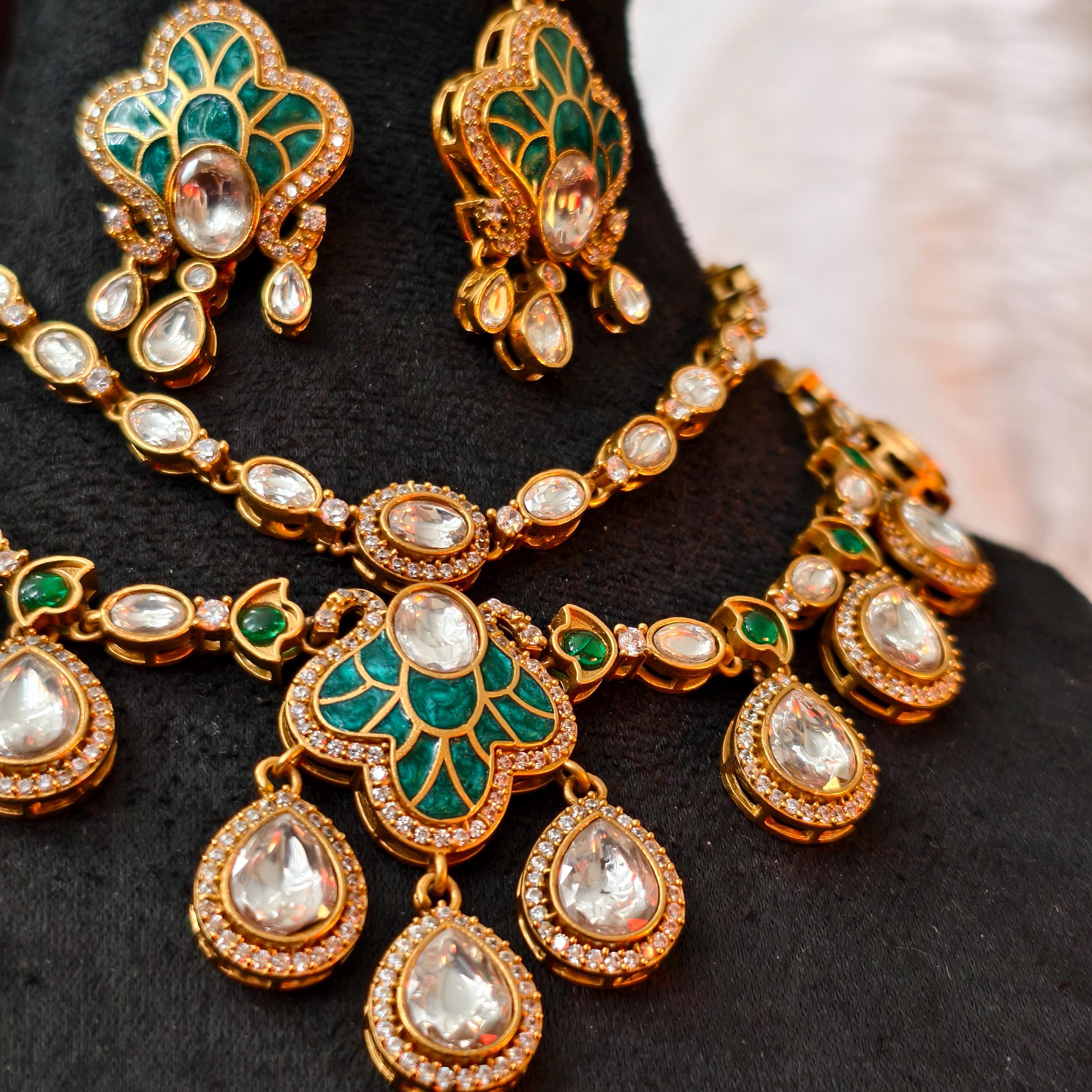 Exquisite Green Enamel Kundan Necklace Set, Layered Gold Plated Bridal Jewelry, Royal Indian Wedding Choker, Teardrop Stone Statement Set
