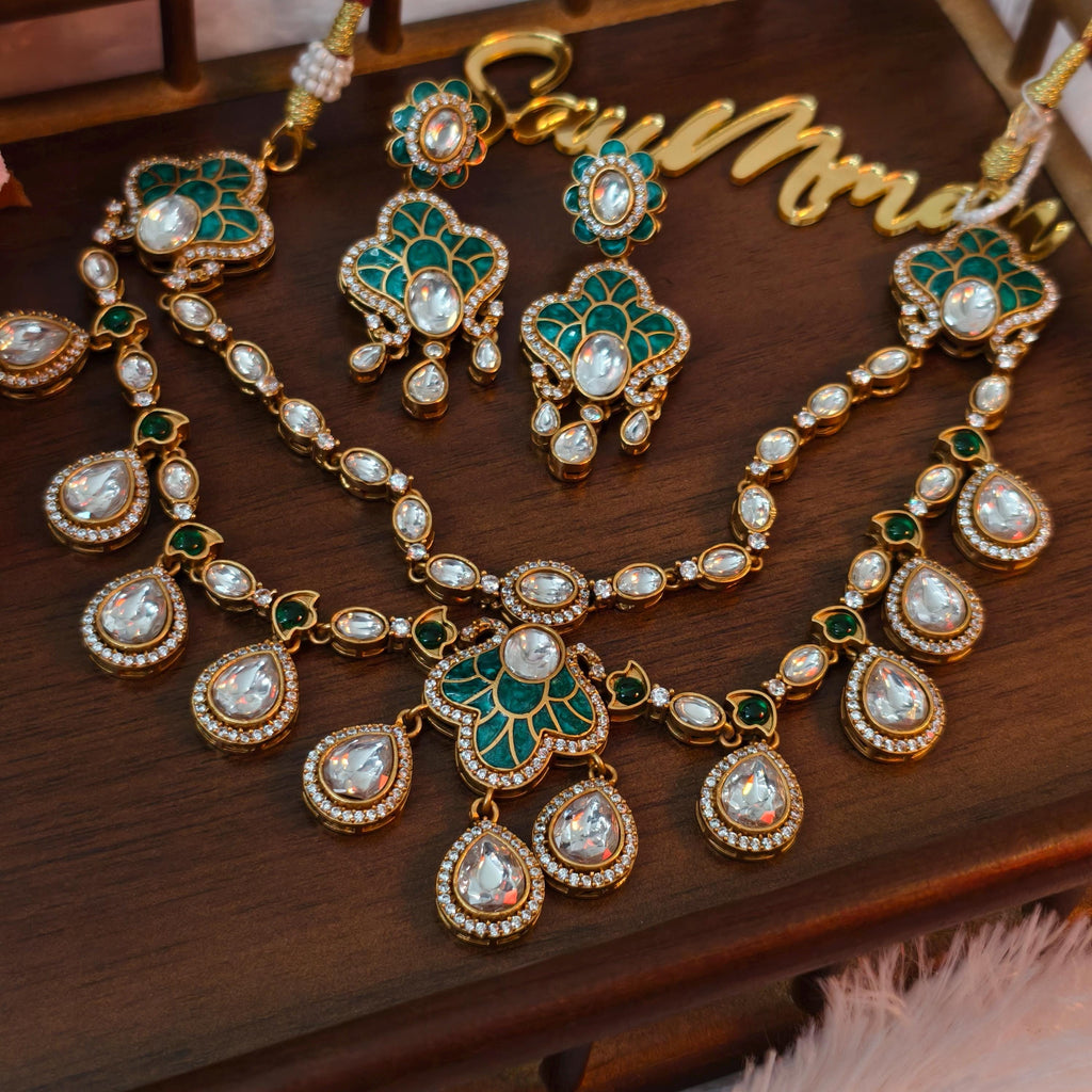 Exquisite Green Enamel Kundan Necklace Set, Layered Gold Plated Bridal Jewelry, Royal Indian Wedding Choker, Teardrop Stone Statement Set