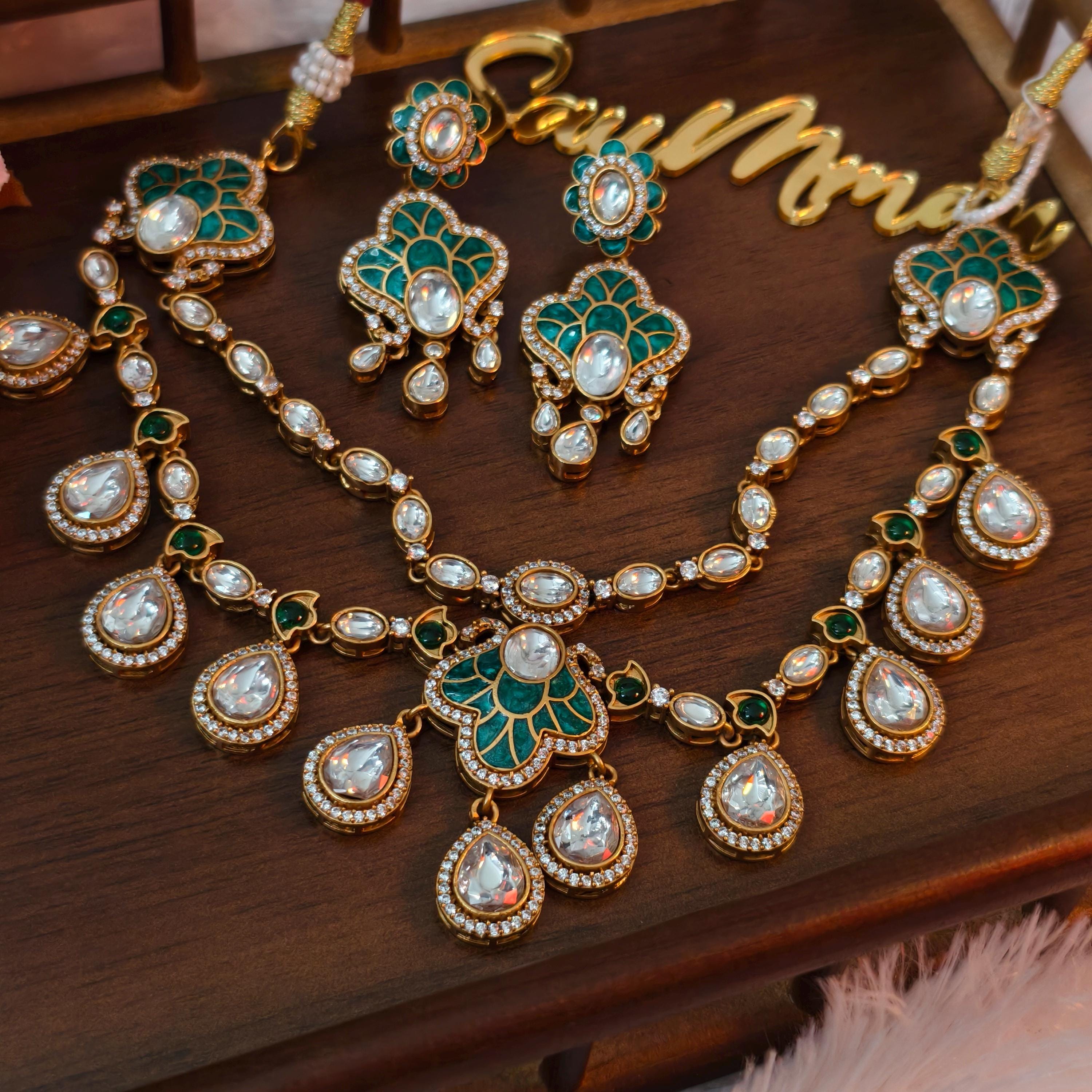 Exquisite Green Enamel Kundan Necklace Set, Layered Gold Plated Bridal Jewelry, Royal Indian Wedding Choker, Teardrop Stone Statement Set