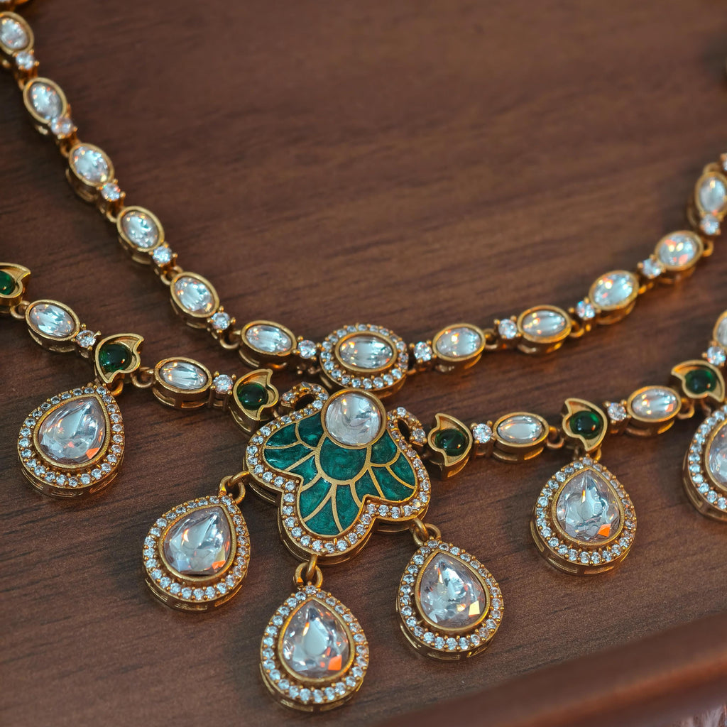 Exquisite Green Enamel Kundan Necklace Set, Layered Gold Plated Bridal Jewelry, Royal Indian Wedding Choker, Teardrop Stone Statement Set