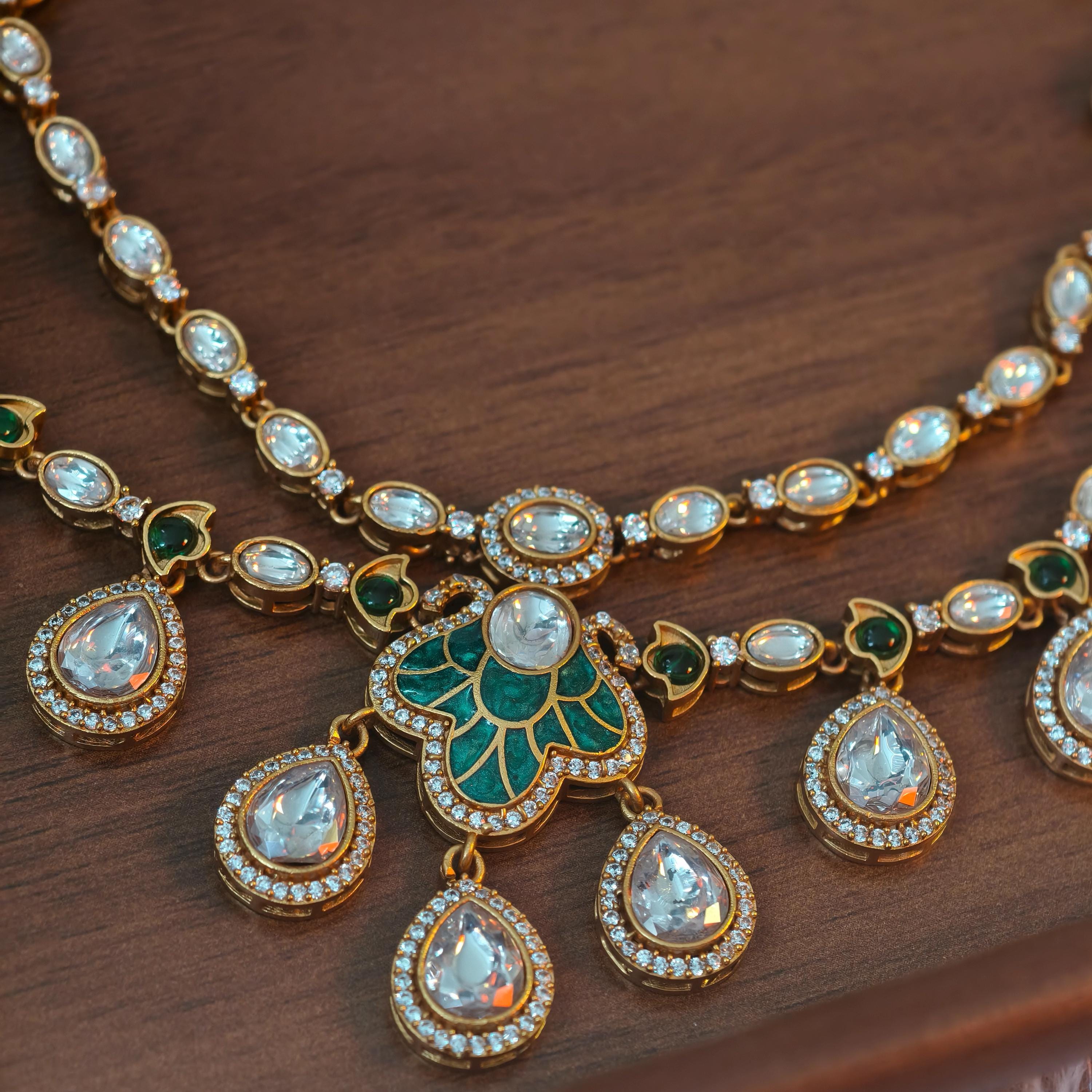 Exquisite Green Enamel Kundan Necklace Set, Layered Gold Plated Bridal Jewelry, Royal Indian Wedding Choker, Teardrop Stone Statement Set
