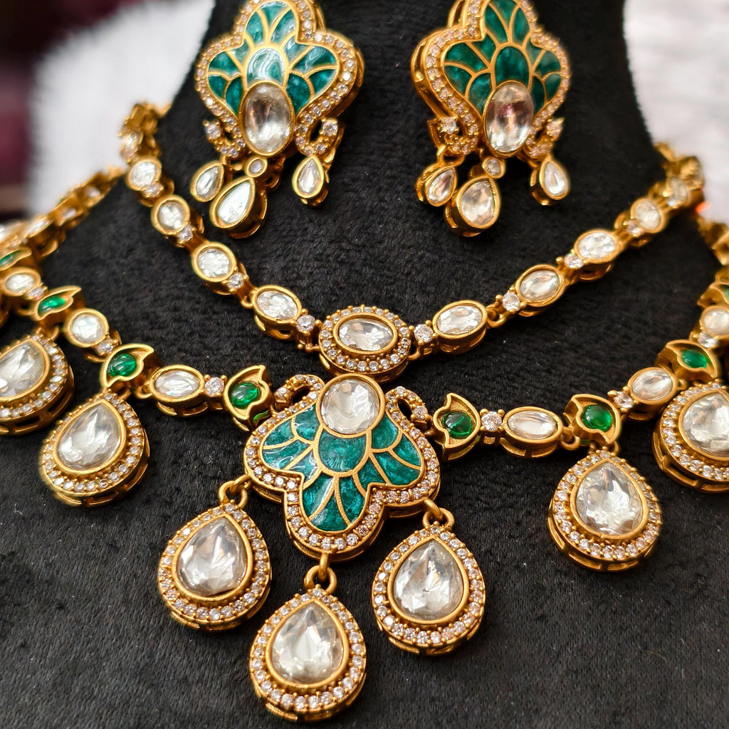 Exquisite Green Enamel Kundan Necklace Set, Layered Gold Plated Bridal Jewelry, Royal Indian Wedding Choker, Teardrop Stone Statement Set