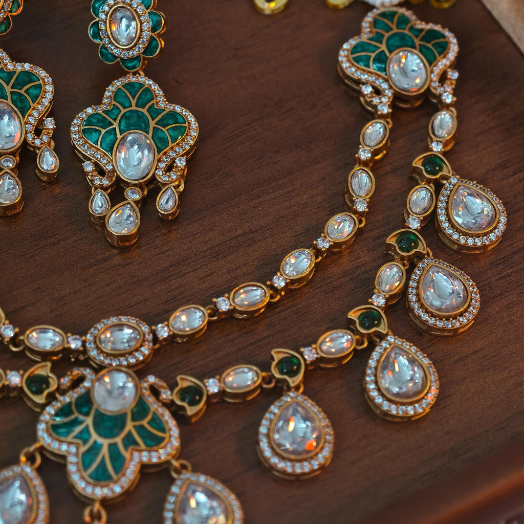 Exquisite Green Enamel Kundan Necklace Set, Layered Gold Plated Bridal Jewelry, Royal Indian Wedding Choker, Teardrop Stone Statement Set