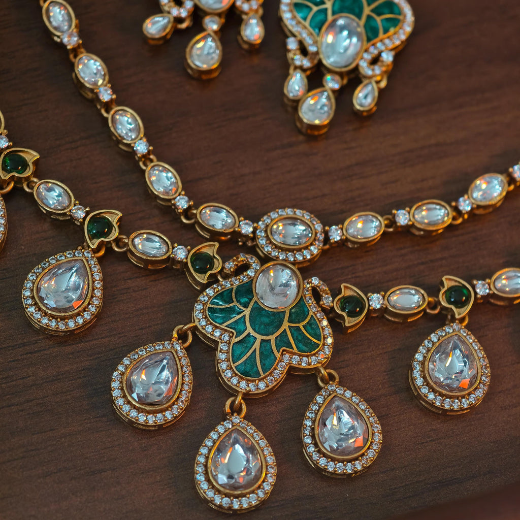 Exquisite Green Enamel Kundan Necklace Set, Layered Gold Plated Bridal Jewelry, Royal Indian Wedding Choker, Teardrop Stone Statement Set