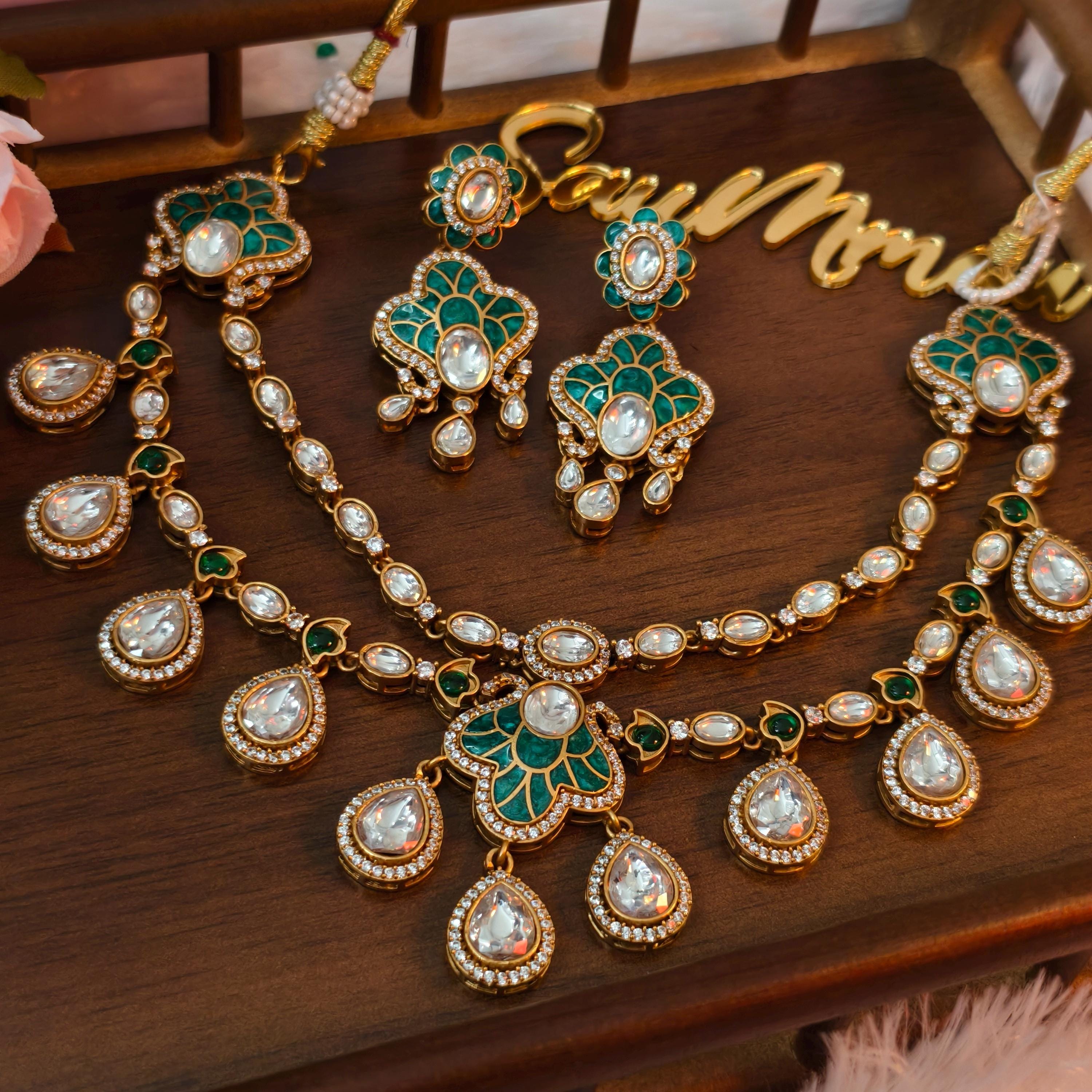 Exquisite Green Enamel Kundan Necklace Set, Layered Gold Plated Bridal Jewelry, Royal Indian Wedding Choker, Teardrop Stone Statement Set