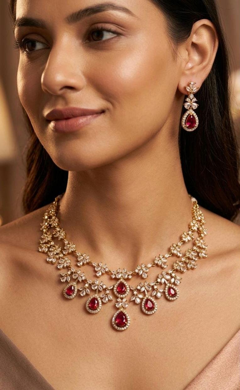 Gold Teardrop Necklace Earrings Set, Bridal Choker, Indian Wedding Crystal Jewelry