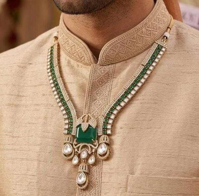 Emerald Green Kundan Groom Necklace, Traditional Indian Men's Royal Wedding Mala