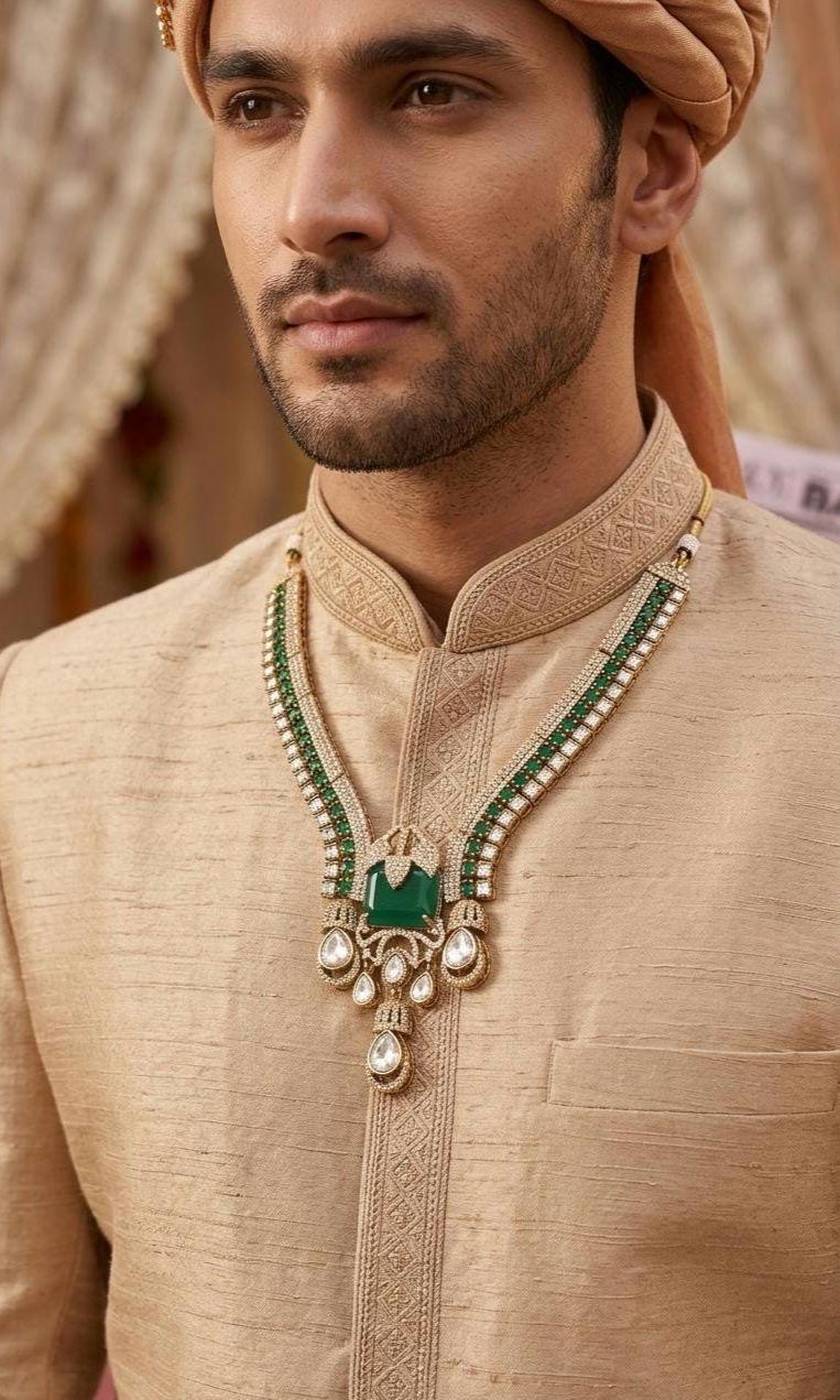 Emerald Green Kundan Groom Necklace, Traditional Indian Men's Royal Wedding Mala