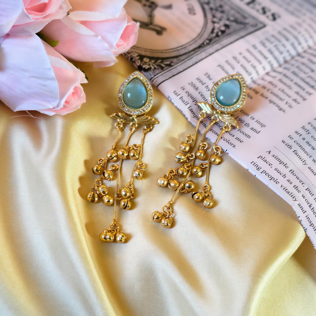 Kashmiri Ghungroo Dangle Earrings, Seafoam Green Cabochon, Boho Gold Drop Ethnic Jewelry