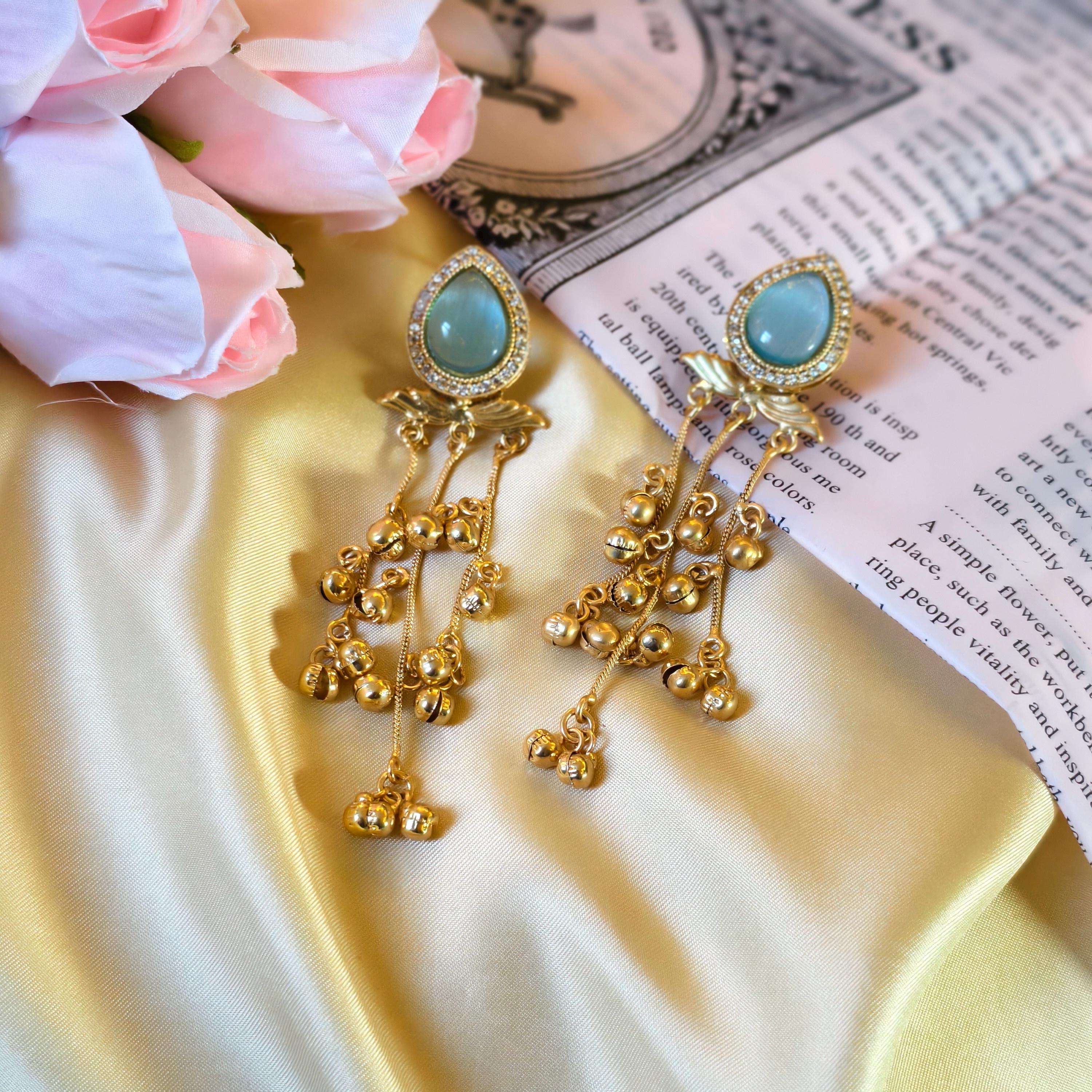 Kashmiri Ghungroo Dangle Earrings, Seafoam Green Cabochon, Boho Gold Drop Ethnic Jewelry