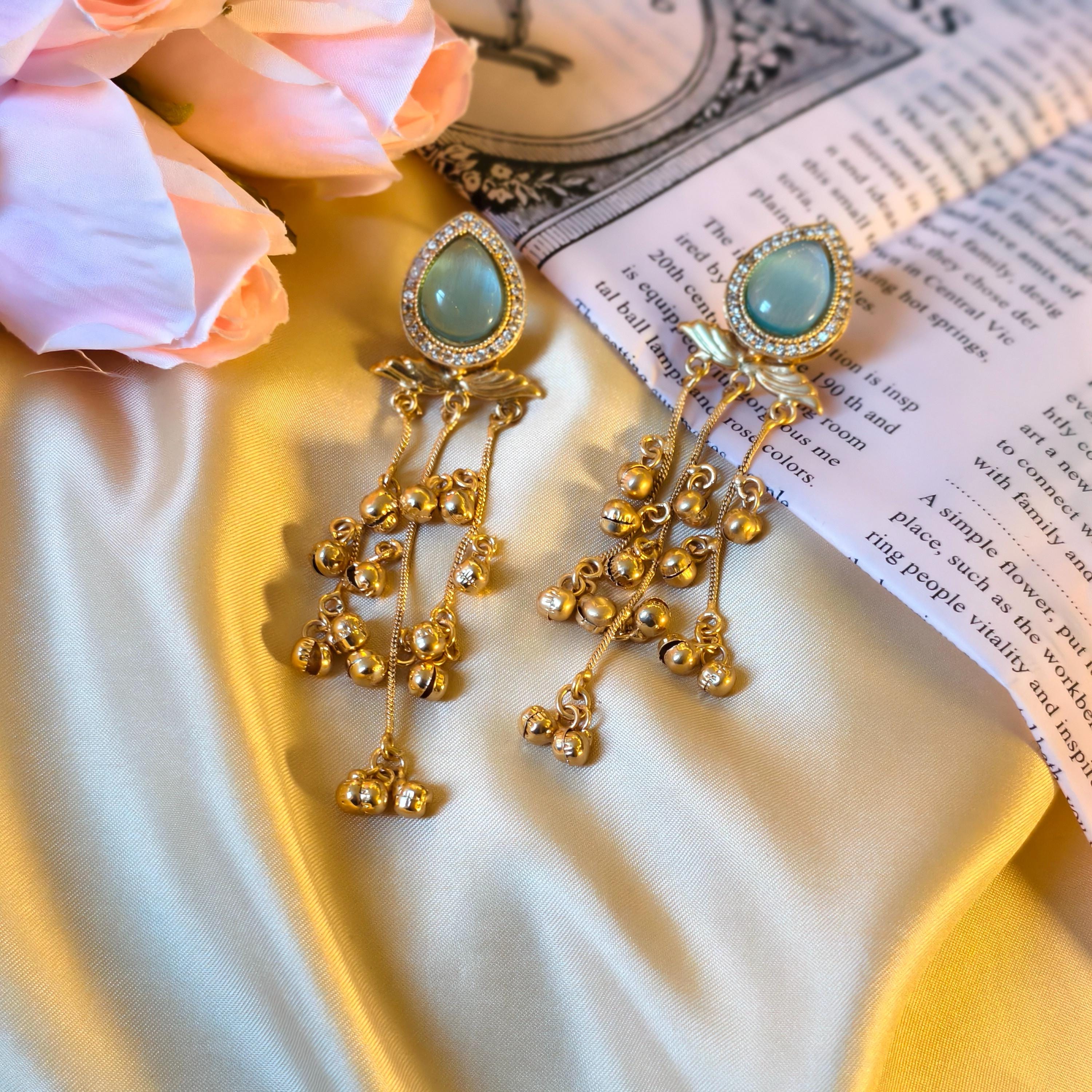 Kashmiri Ghungroo Dangle Earrings, Seafoam Green Cabochon, Boho Gold Drop Ethnic Jewelry