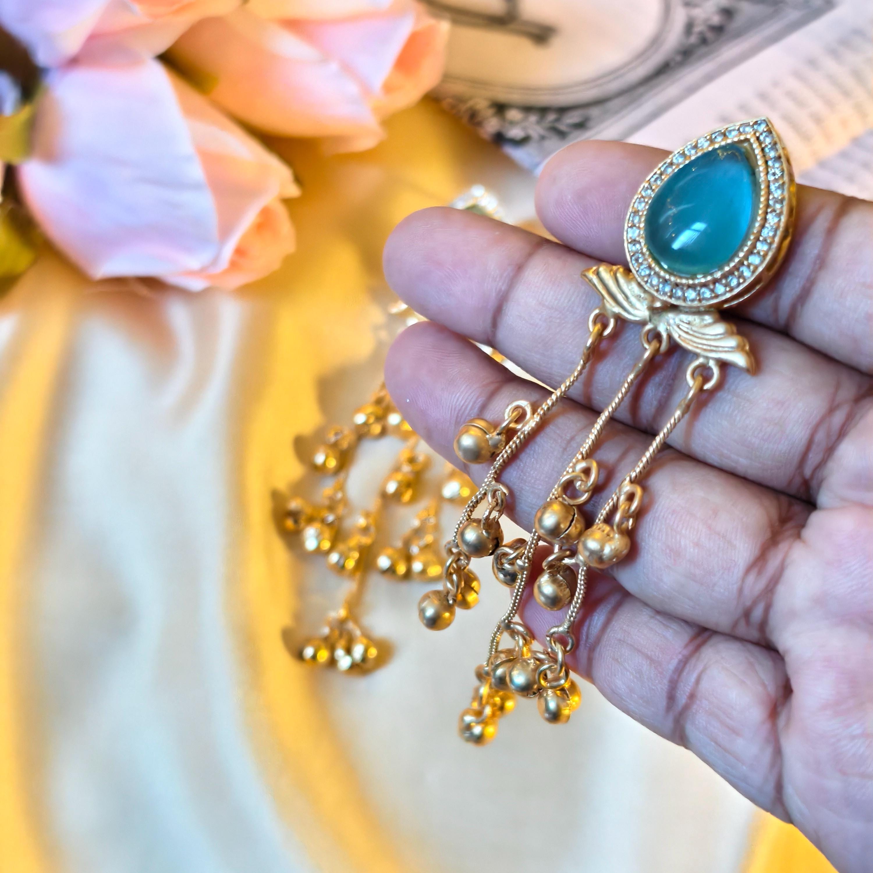 Kashmiri Ghungroo Dangle Earrings, Seafoam Green Cabochon, Boho Gold Drop Ethnic Jewelry