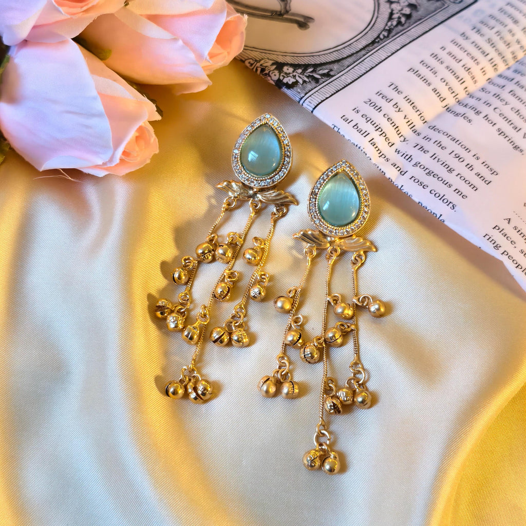 Kashmiri Ghungroo Dangle Earrings, Seafoam Green Cabochon, Boho Gold Drop Ethnic Jewelry