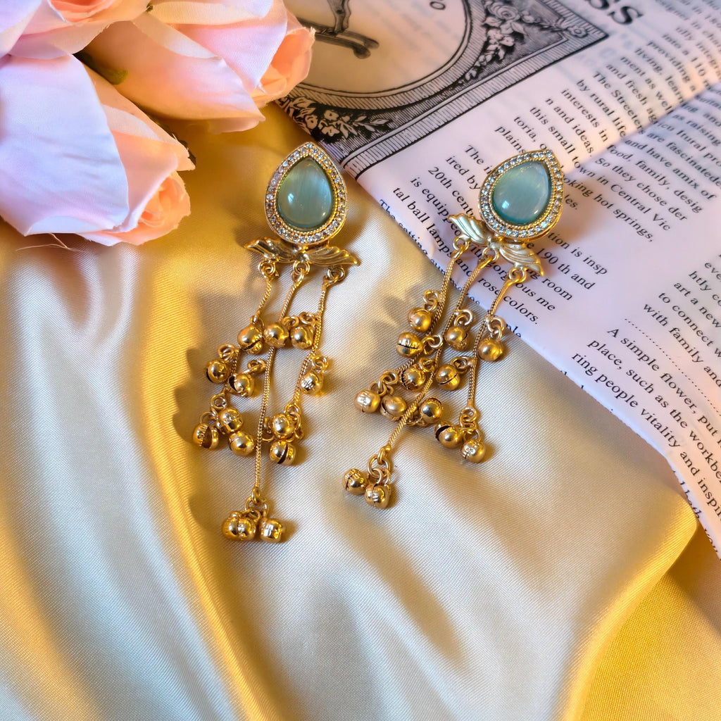 Kashmiri Ghungroo Dangle Earrings, Seafoam Green Cabochon, Boho Gold Drop Ethnic Jewelry