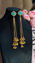Kashmiri Ghungroo Dangle Earrings, Seafoam Green Cabochon, Boho Gold Drop Ethnic Jewelry