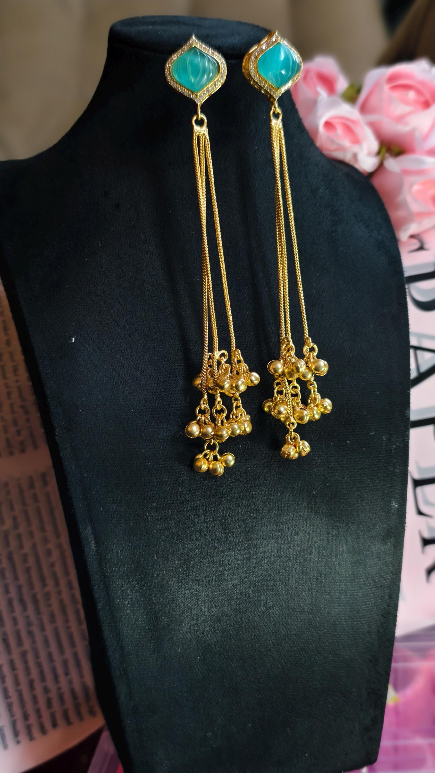 Kashmiri Ghungroo Dangle Earrings, Seafoam Green Cabochon, Boho Gold Drop Ethnic Jewelry