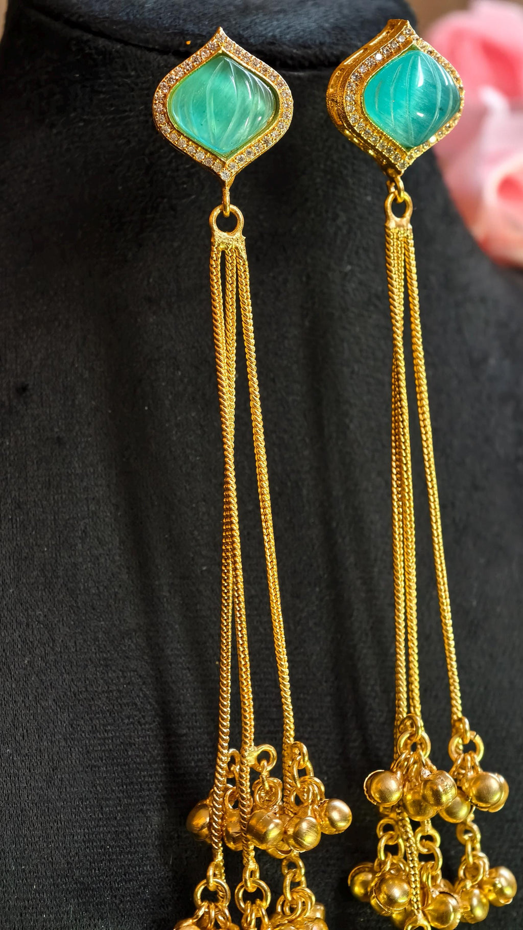 Kashmiri Ghungroo Dangle Earrings, Seafoam Green Cabochon, Boho Gold Drop Ethnic Jewelry
