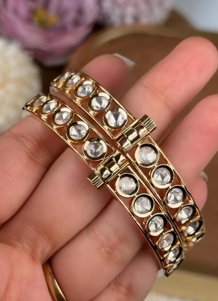 Premium Moissanite Kundan Openable Kada | Screw Bangles Size 2.4 (Fits 2.6) | High-End Gold Plated Polki Jewelry for Weddings