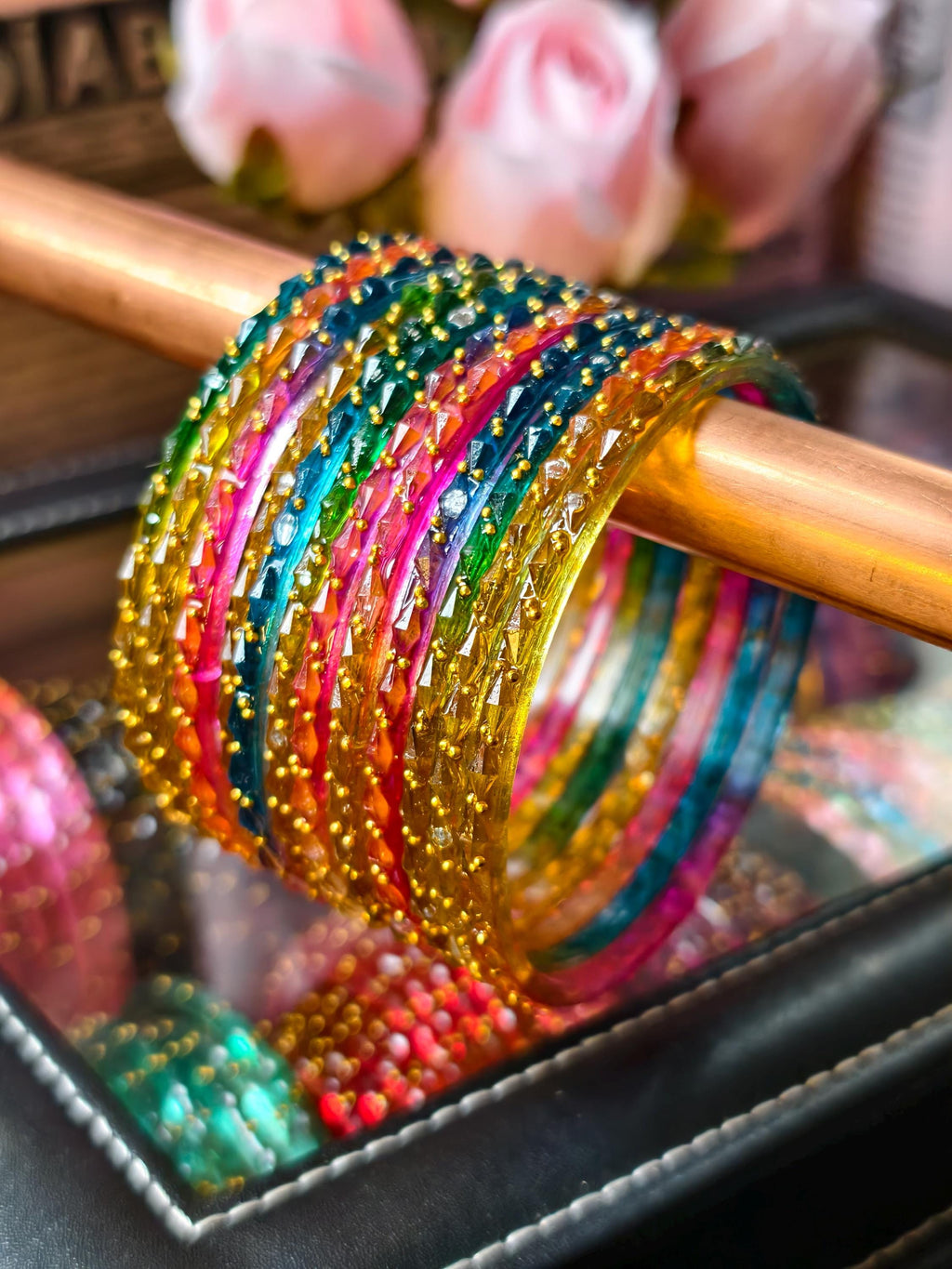 Kashmiri Ghungroo Bangles, Colorful Glass, Raindrop, Jelly Stackable Bracelets (Set of 10-12)