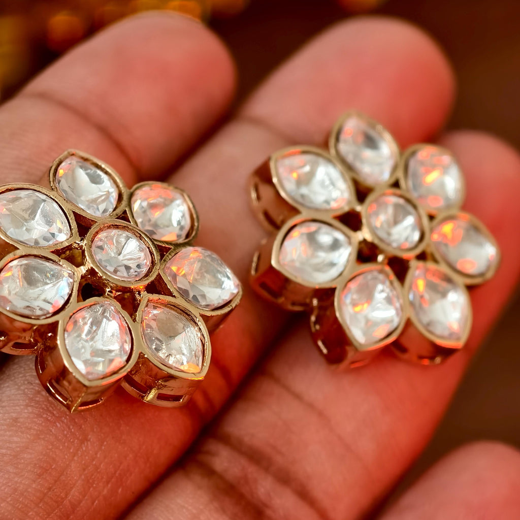 Kundan Floral Stud Earrings, Indian Traditional Gold Plated Flower Studs, Bridal Kundan Jewelry, Minimalist Ethnic Earrings for Women