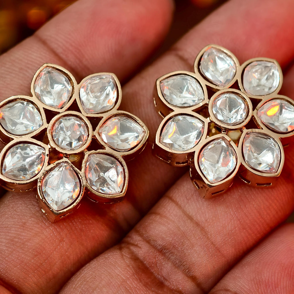 Kundan Floral Stud Earrings, Indian Traditional Gold Plated Flower Studs, Bridal Kundan Jewelry, Minimalist Ethnic Earrings for Women