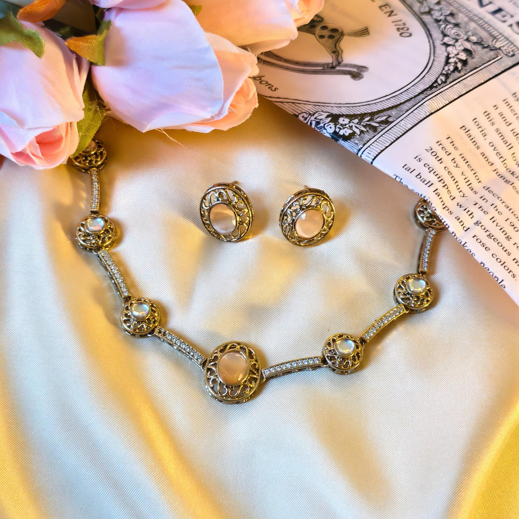Victorian Filigree Moonstone Jewelry Set, Antique Gold Bridal Necklace Earrings
