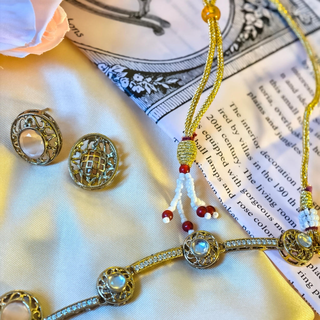 Victorian Filigree Moonstone Jewelry Set, Antique Gold Bridal Necklace Earrings