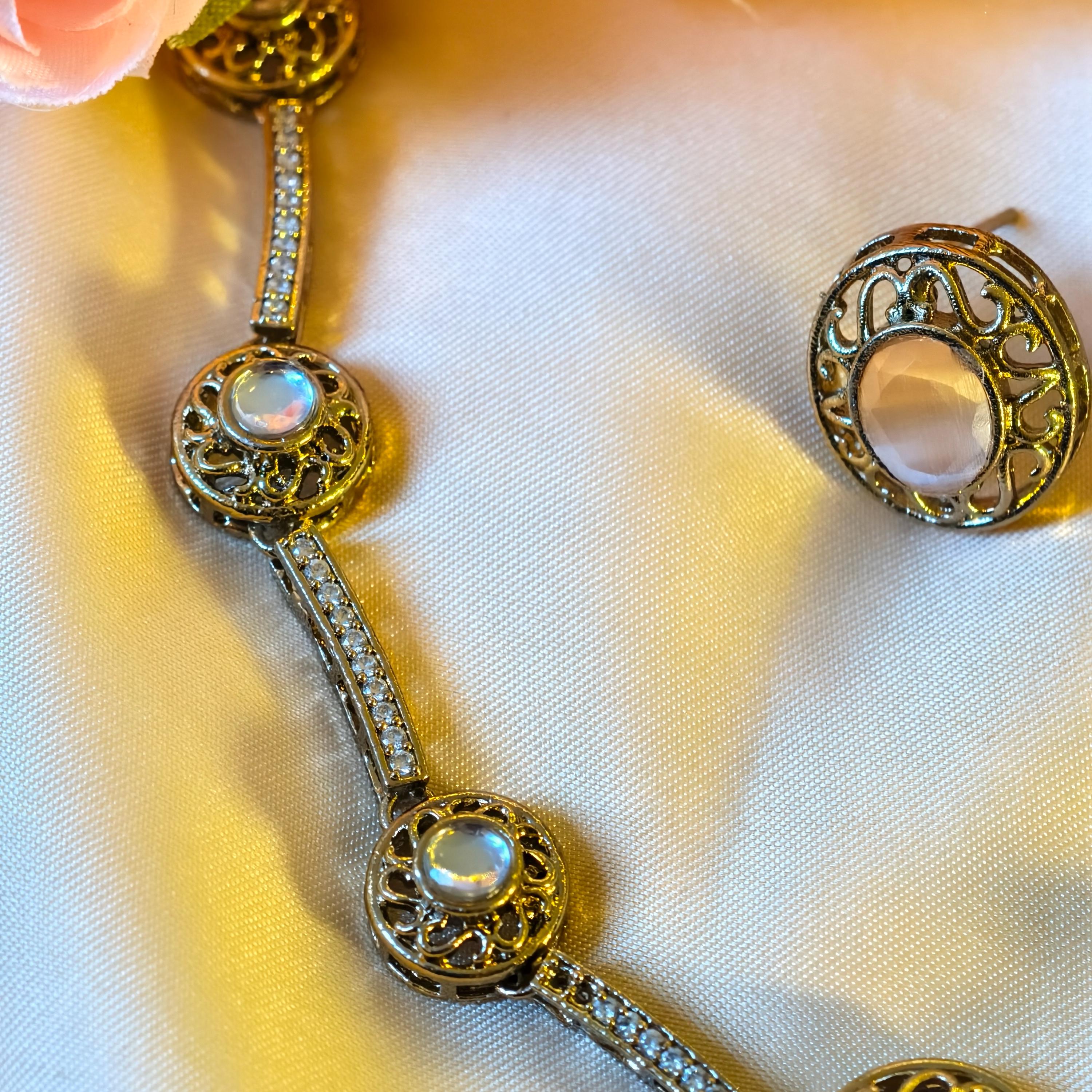 Victorian Filigree Moonstone Jewelry Set, Antique Gold Bridal Necklace Earrings