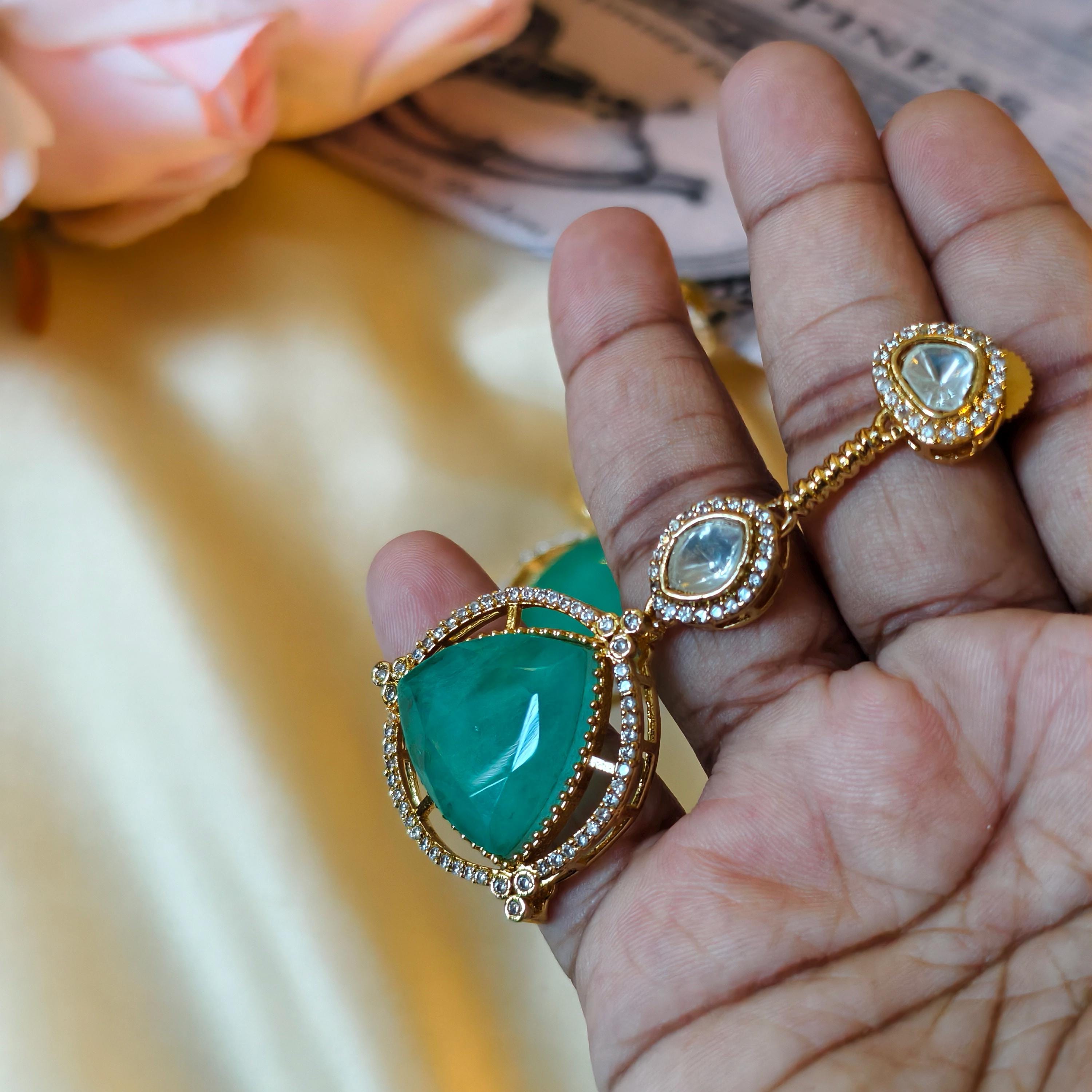 Sabyasachi Inspired Kundan Drop Earrings, Triangular Stone, Red Mint Green, Bridal Jewelry