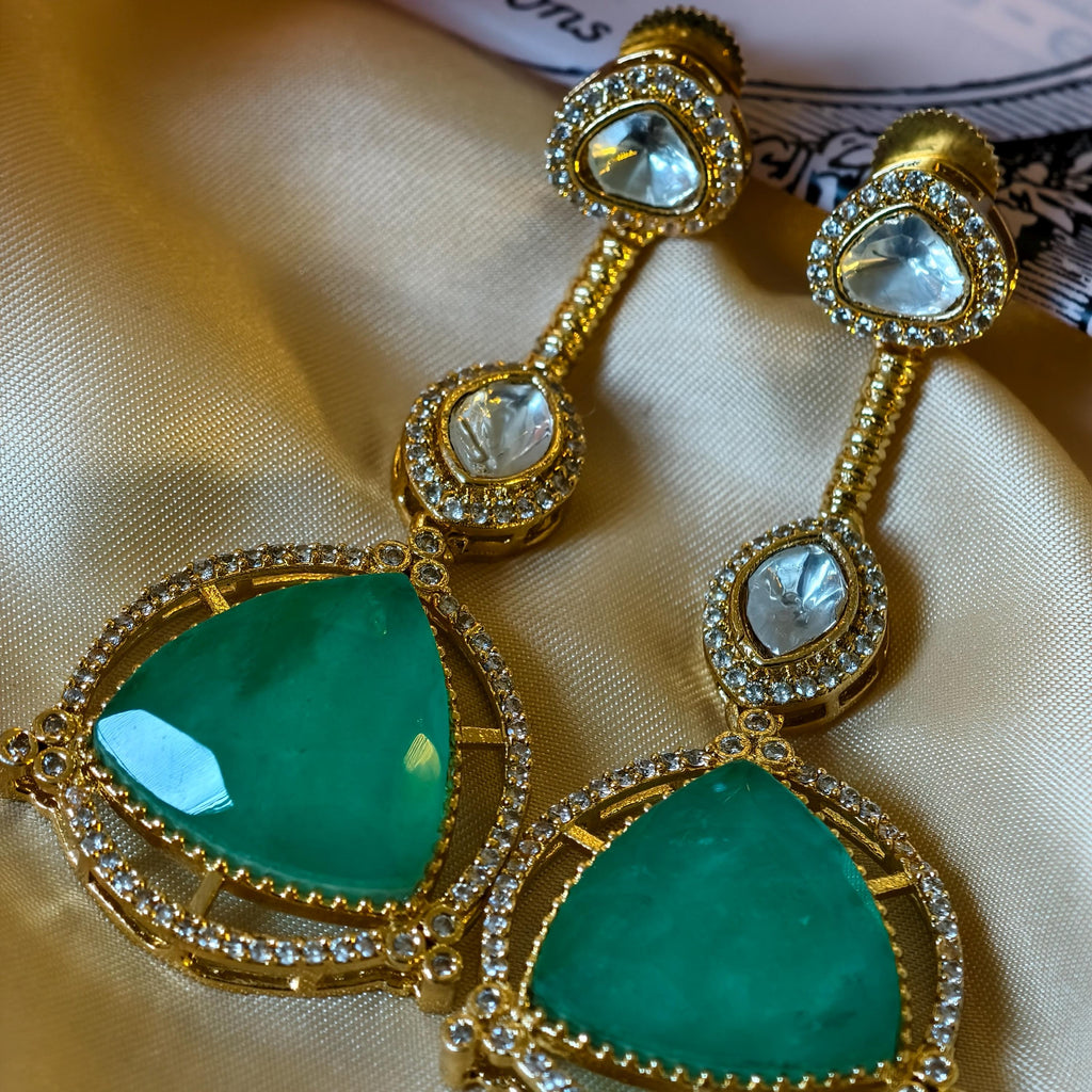 Sabyasachi Inspired Kundan Drop Earrings, Triangular Stone, Red Mint Green, Bridal Jewelry