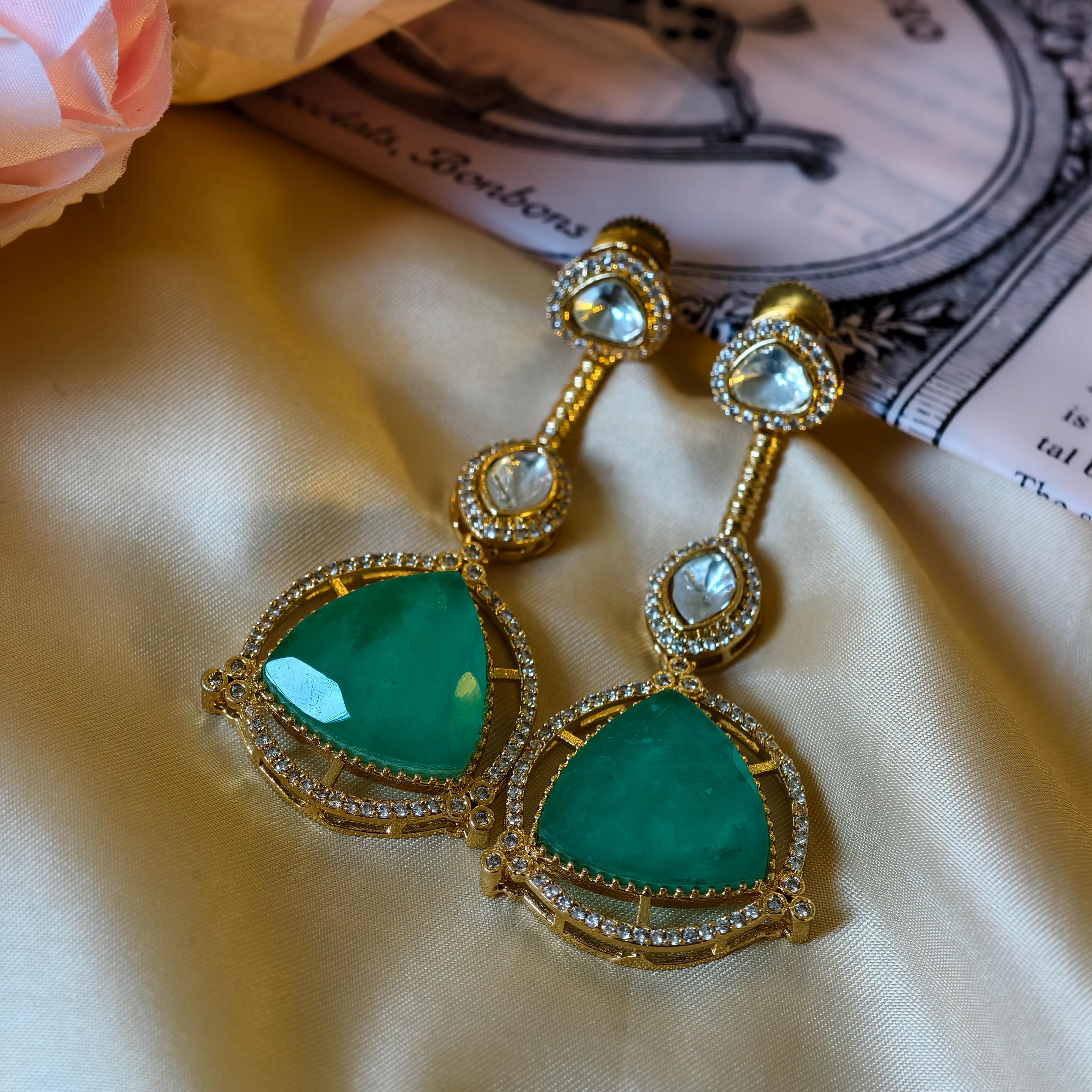 Sabyasachi Inspired Kundan Drop Earrings, Triangular Stone, Red Mint Green, Bridal Jewelry