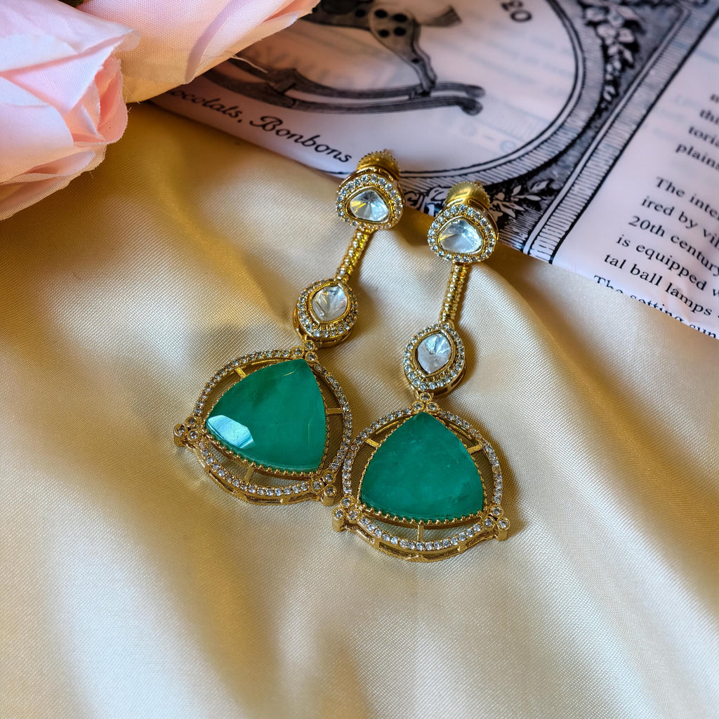 Sabyasachi Inspired Kundan Drop Earrings, Triangular Stone, Red Mint Green, Bridal Jewelry