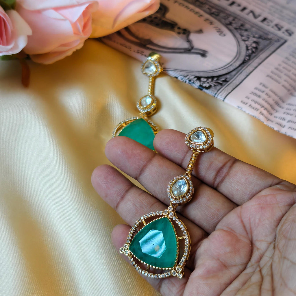 Sabyasachi Inspired Kundan Drop Earrings, Triangular Stone, Red Mint Green, Bridal Jewelry