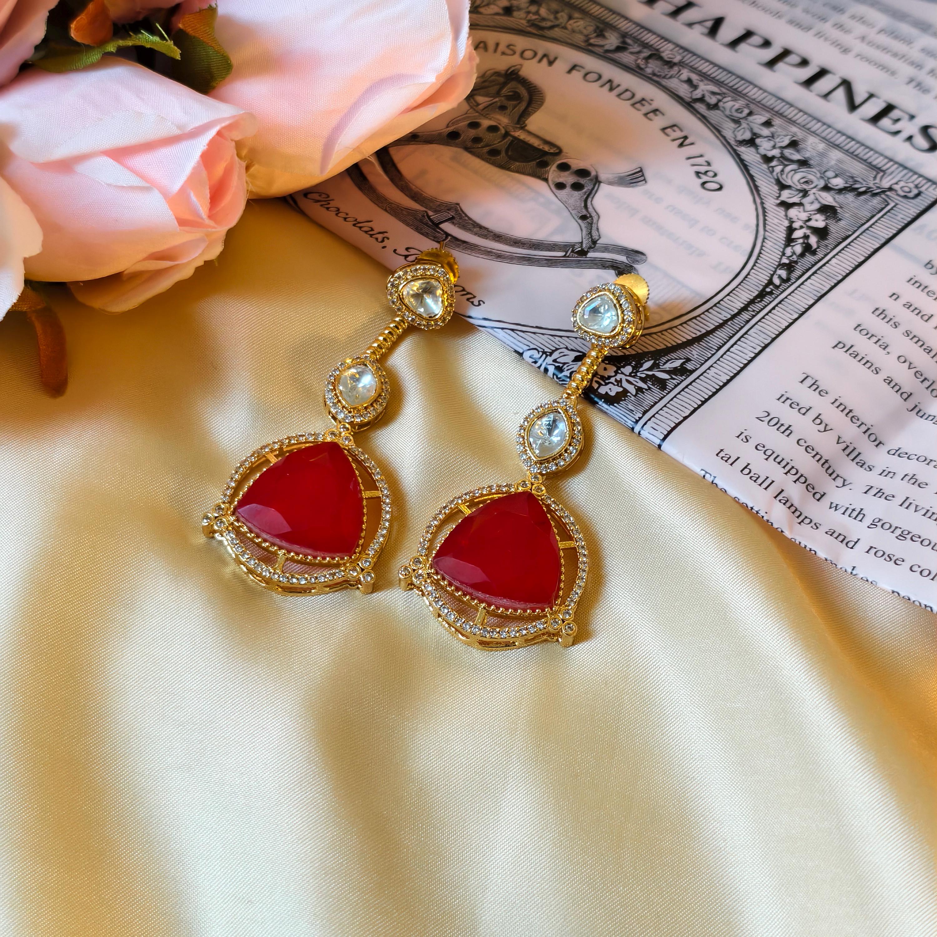 Sabyasachi Inspired Kundan Drop Earrings, Triangular Stone, Red Mint Green, Bridal Jewelry