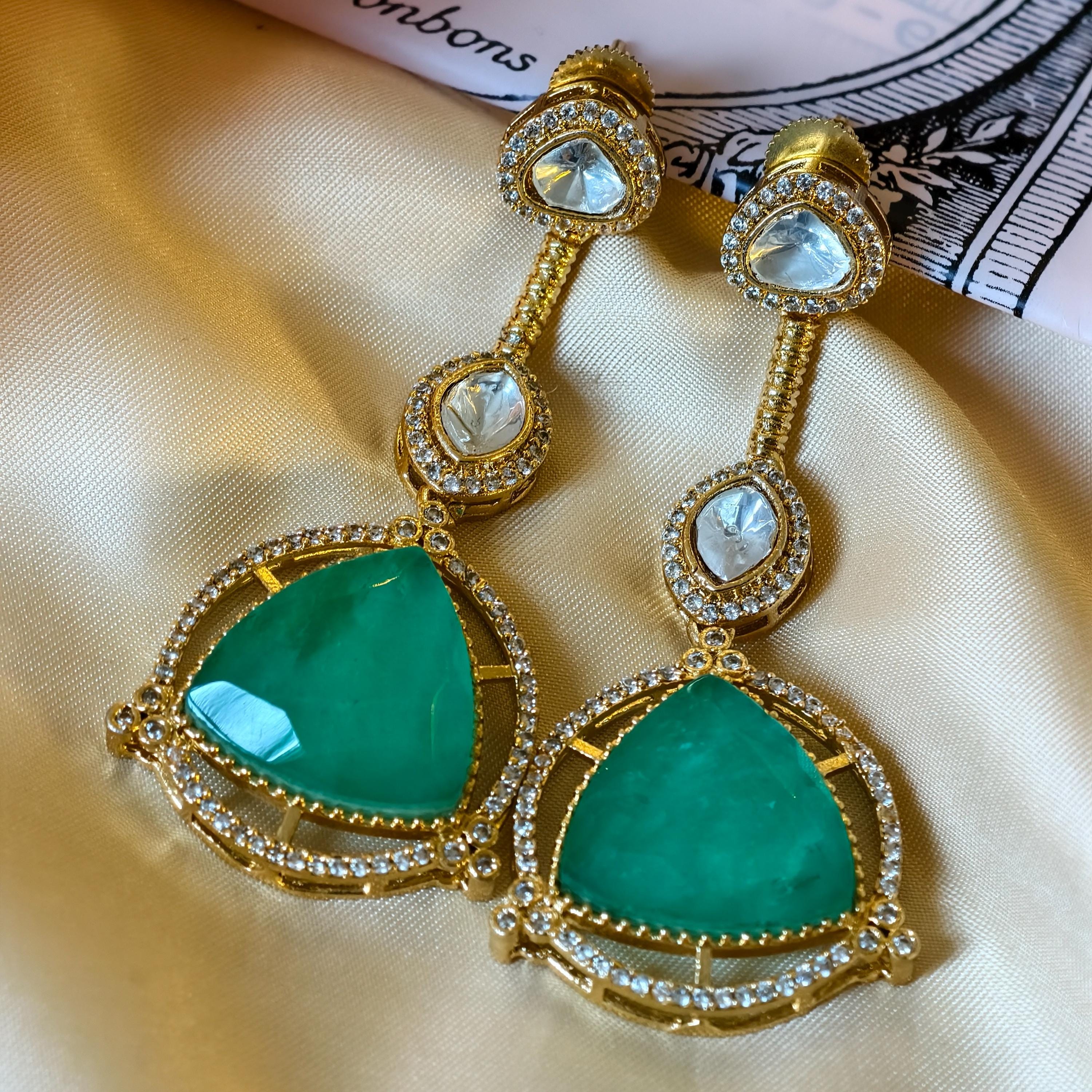 Sabyasachi Inspired Kundan Drop Earrings, Triangular Stone, Red Mint Green, Bridal Jewelry