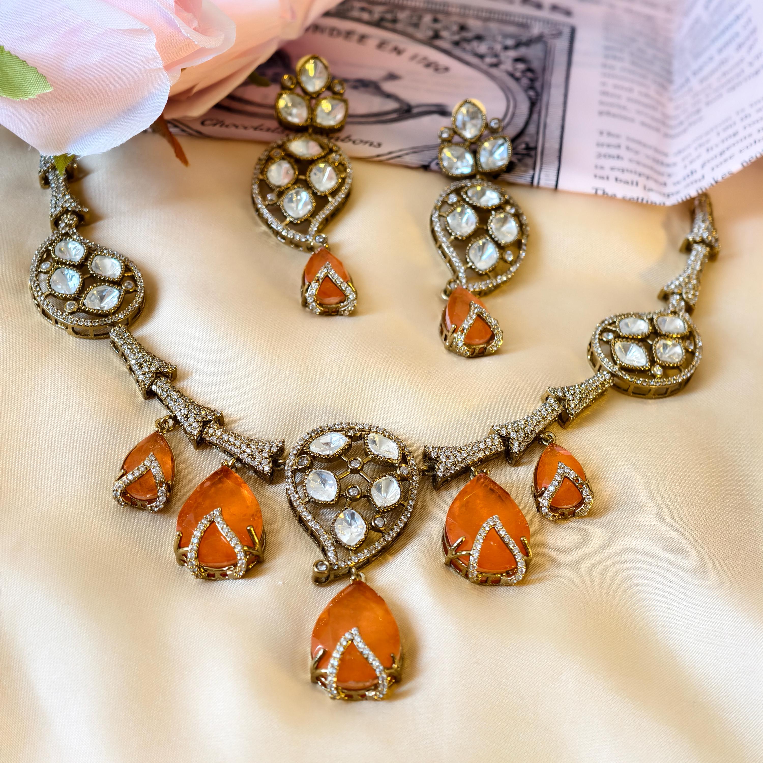 Kundan Statement Necklace Set  Antique Gold Polki Choker, Indian Wedding Jewelry