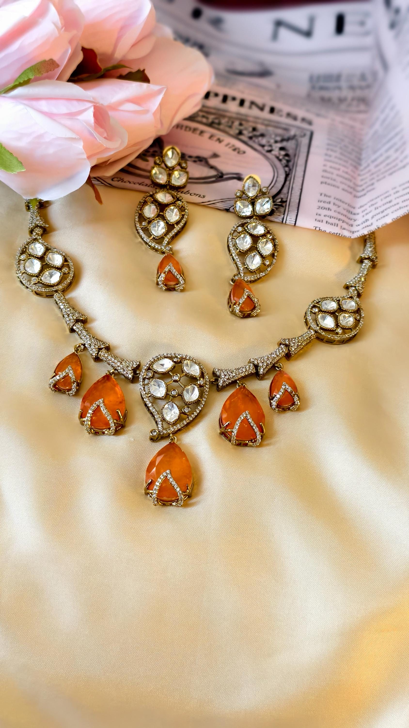 Kundan Statement Necklace Set  Antique Gold Polki Choker, Indian Wedding Jewelry