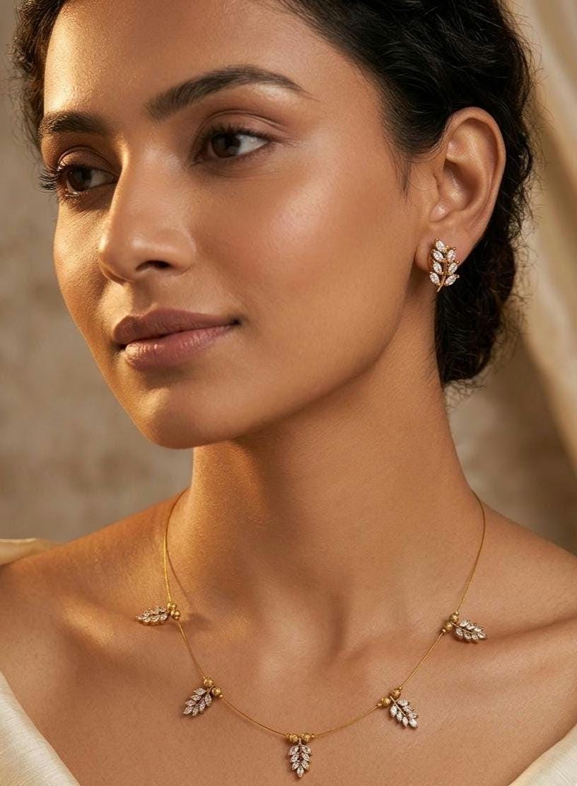 Dainty Leaf Jewelry Set, Gold Marquise Crystal Necklace and Earrings